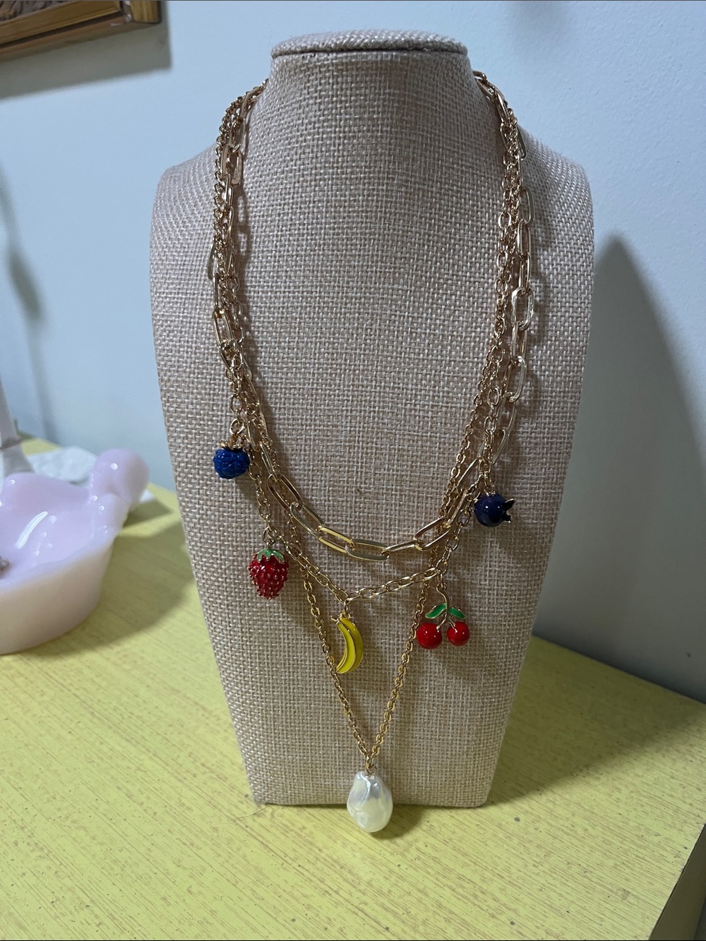 Gold-Tone Layered Fruit Charm Necklace with Pearl Drop Summer Beachy